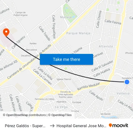 Pérez Galdós - Supermercados to Hospital General Jose Molina Orosa map