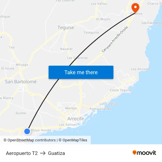 Aeropuerto T2 to Guatiza map