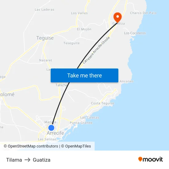 Tilama to Guatiza map
