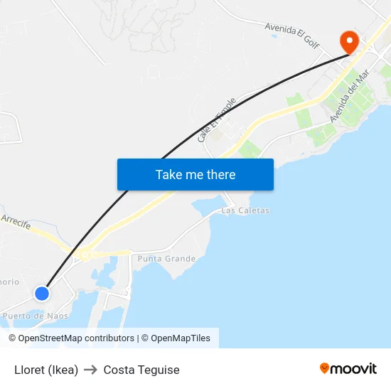 Lloret (Ikea) to Costa Teguise map