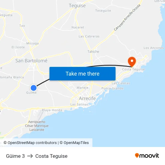 Güime 3 to Costa Teguise map
