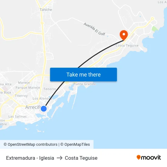 Extremadura - Iglesia to Costa Teguise map