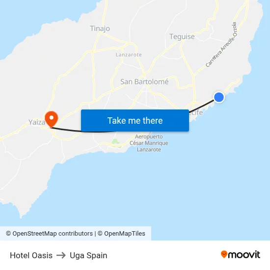 Hotel Oasis to Uga Spain map