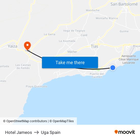 Hotel Jameos to Uga Spain map
