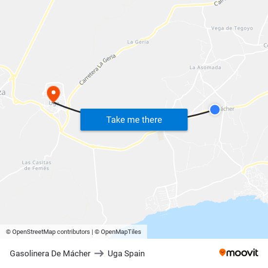 Gasolinera De Mácher to Uga Spain map