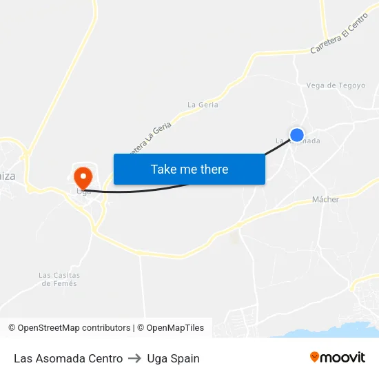 Las Asomada Centro to Uga Spain map