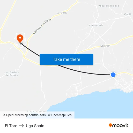 El Toro to Uga Spain map