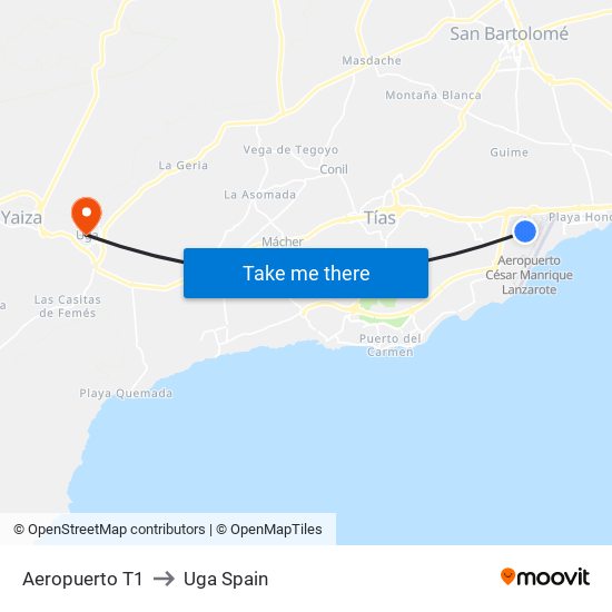 Aeropuerto T1 to Uga Spain map