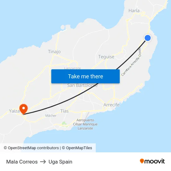 Mala Correos to Uga Spain map