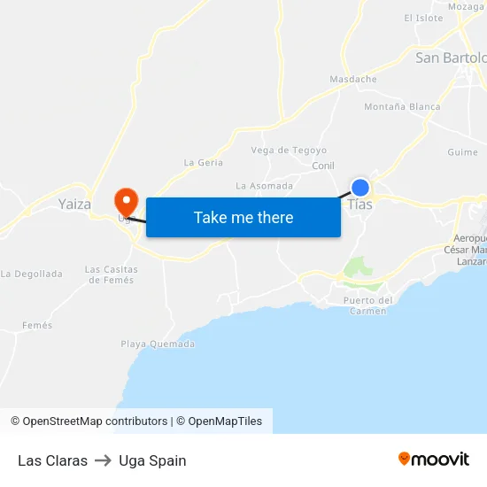 Las Claras to Uga Spain map