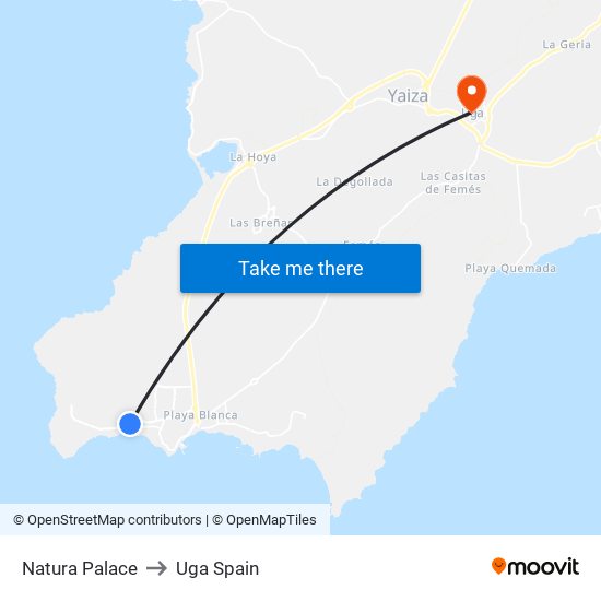 Natura Palace to Uga Spain map