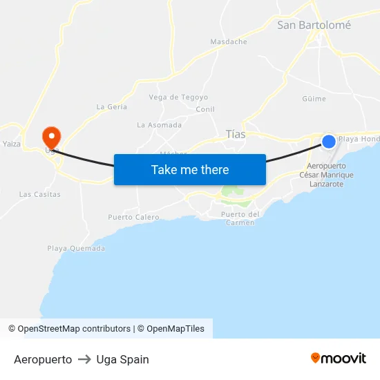 Aeropuerto to Uga Spain map
