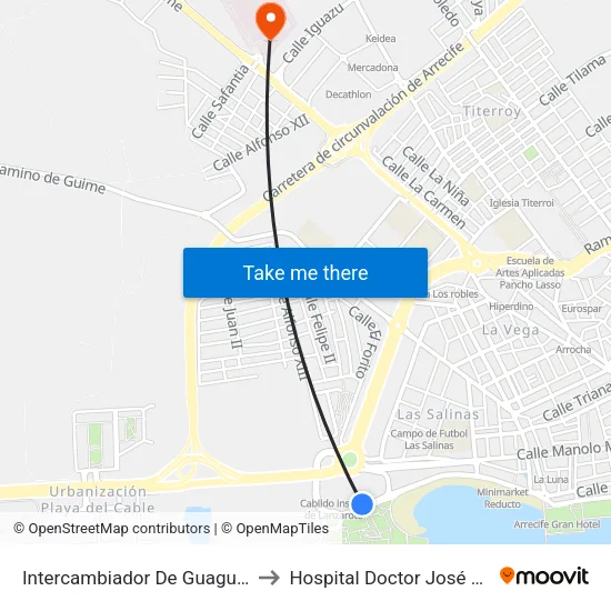 Intercambiador De Guaguas De Arrecife to Hospital Doctor José Molina Orosa map