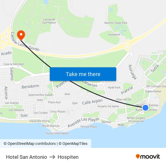 Hotel San Antonio to Hospiten map