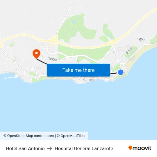 Hotel San Antonio to Hospital General Lanzarote map