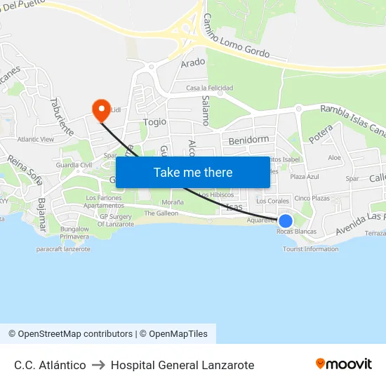 C.C. Atlántico to Hospital General Lanzarote map