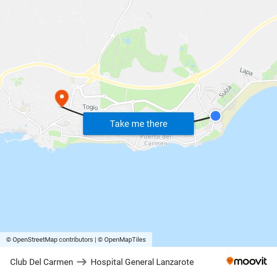 Club Del Carmen to Hospital General Lanzarote map
