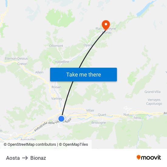 Aosta to Bionaz map