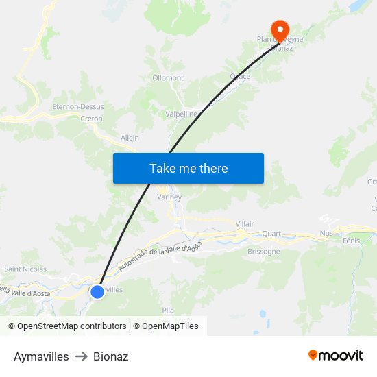 Aymavilles to Bionaz map