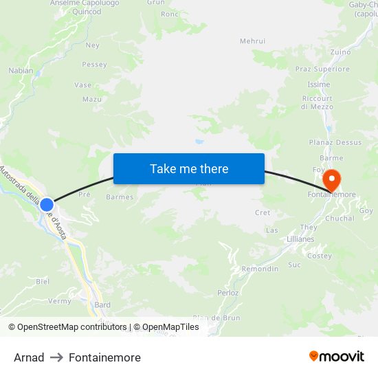 Arnad to Fontainemore map