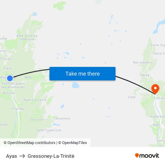 Ayas to Gressoney-La-Trinitè map