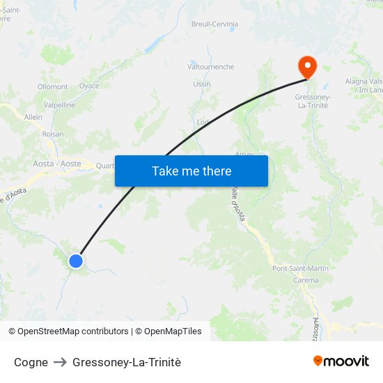 Cogne to Gressoney-La-Trinitè map