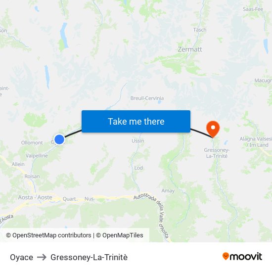 Oyace to Gressoney-La-Trinitè map