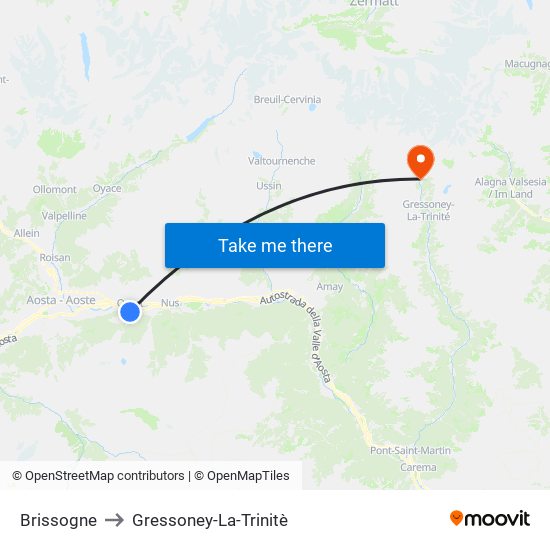 Brissogne to Gressoney-La-Trinitè map