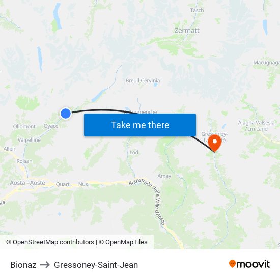 Bionaz to Gressoney-Saint-Jean map