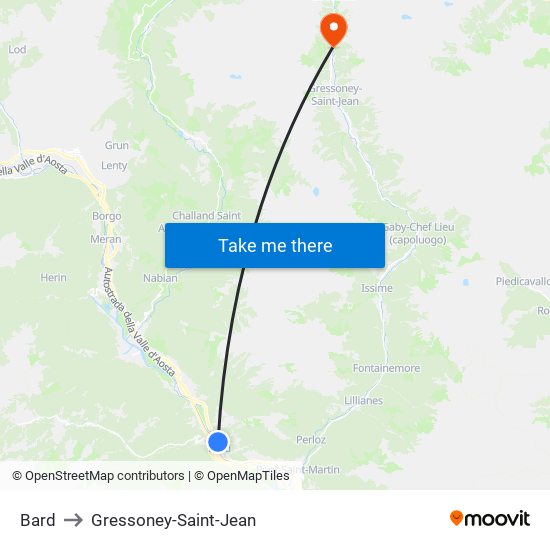 Bard to Gressoney-Saint-Jean map