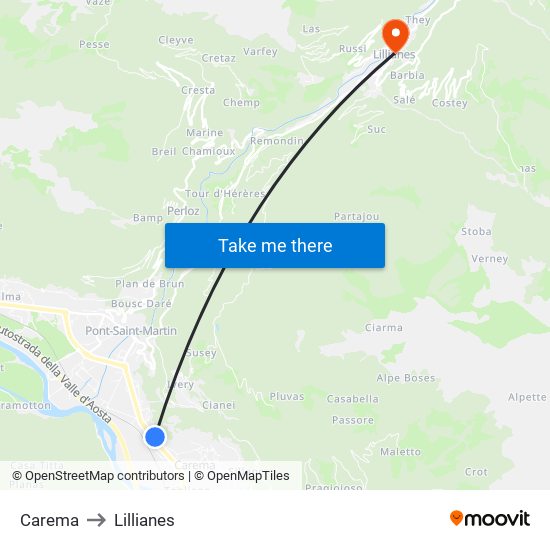 Carema to Lillianes map