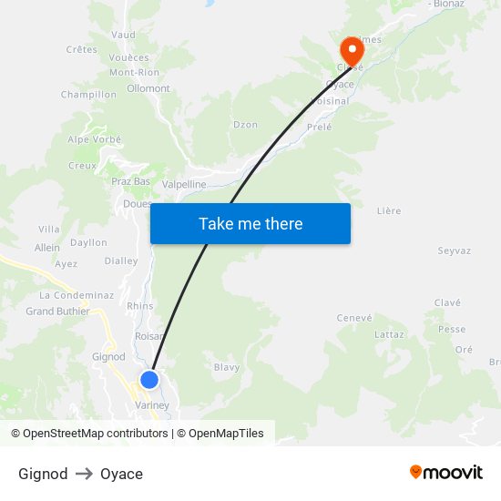 Gignod to Oyace map