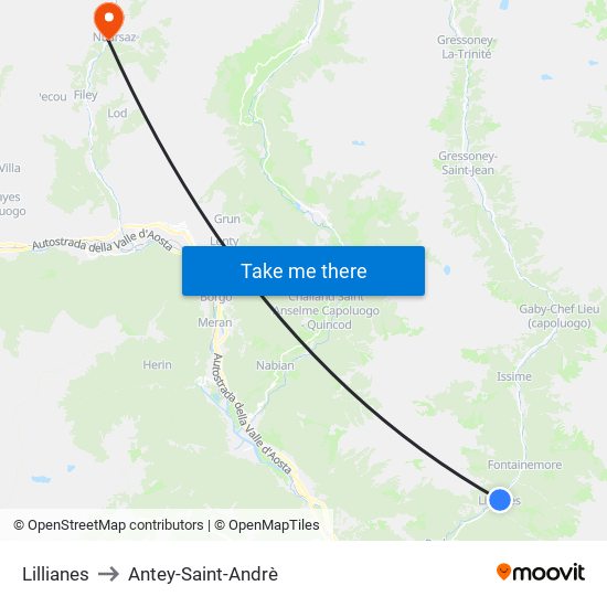 Lillianes to Antey-Saint-Andrè map