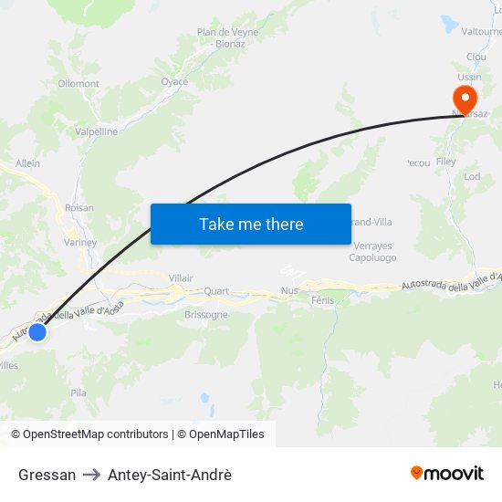 Gressan to Antey-Saint-Andrè map