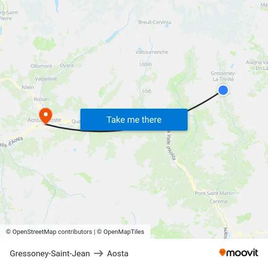 Gressoney-Saint-Jean to Aosta map