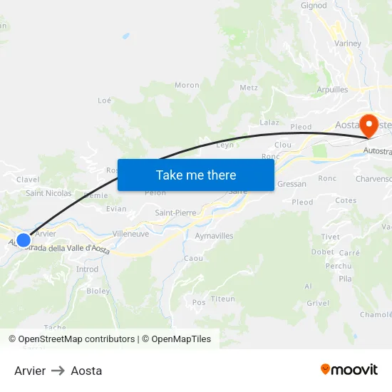 Arvier to Aosta map