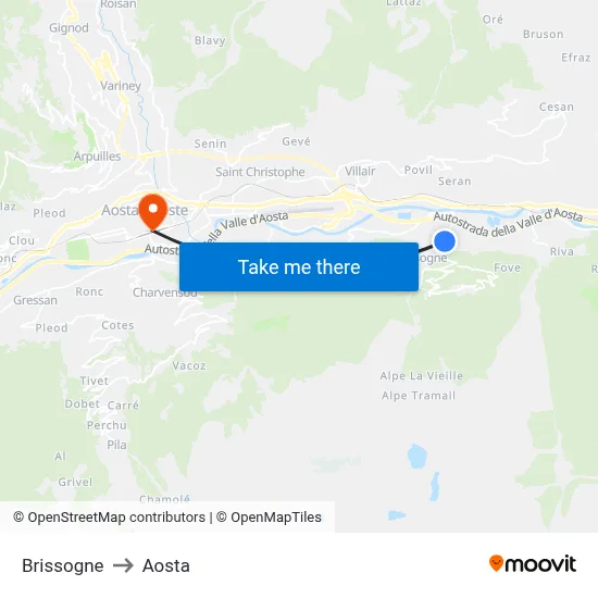 Brissogne to Aosta map