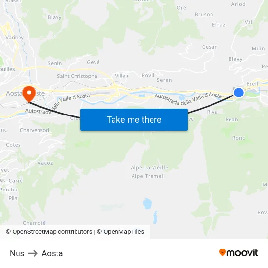 Nus to Aosta map