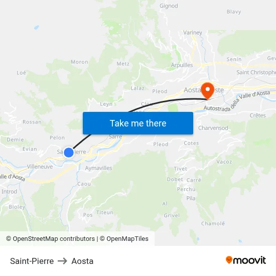 Saint-Pierre to Aosta map