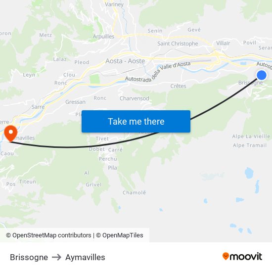 Brissogne to Aymavilles map