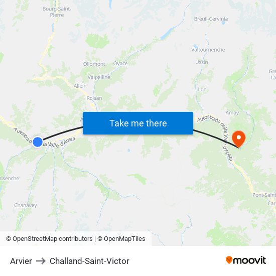 Arvier to Challand-Saint-Victor map
