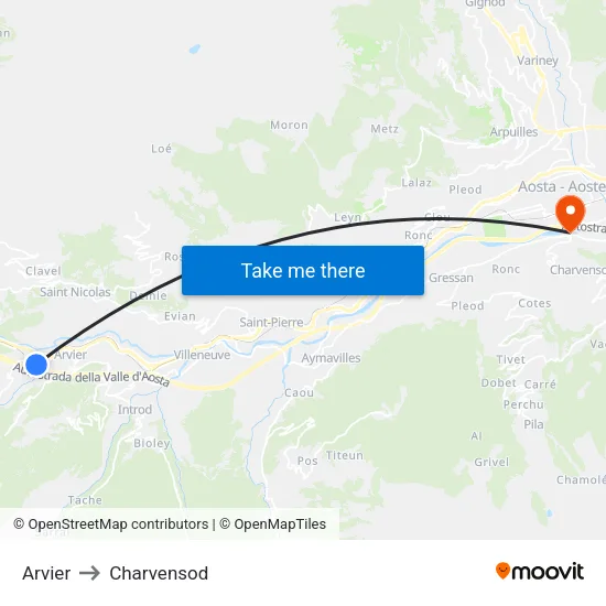 Arvier to Charvensod map
