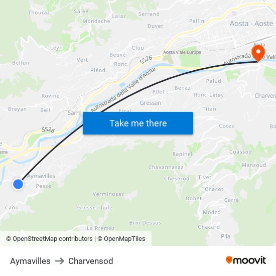 Aymavilles to Charvensod map