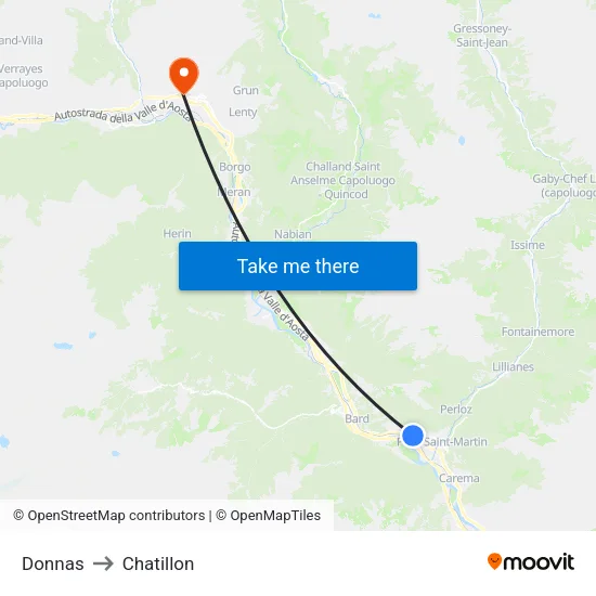 Donnas to Chatillon map
