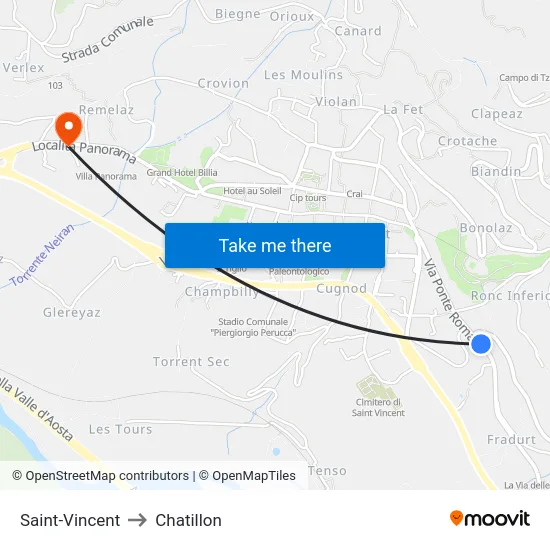 Saint-Vincent to Chatillon map