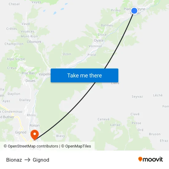 Bionaz to Gignod map
