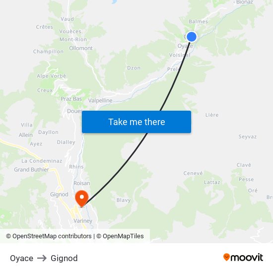 Oyace to Gignod map