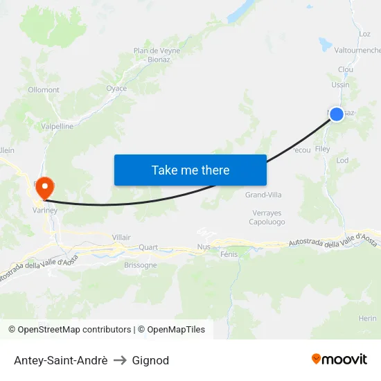Antey-Saint-Andrè to Gignod map