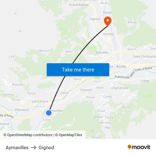 Aymavilles to Gignod map