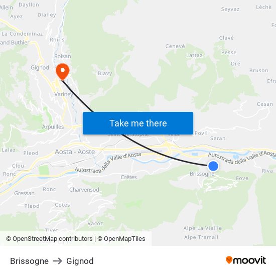 Brissogne to Gignod map